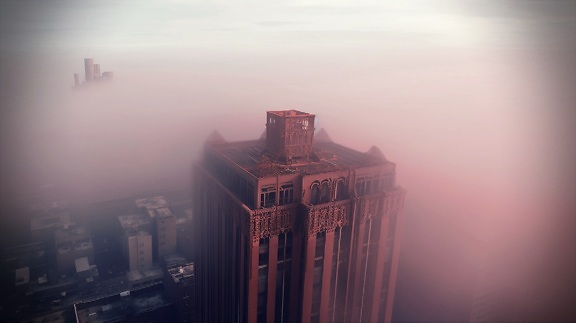 morgon, dimma, skyskrapa, tornet, konstnärliga, fotomontage, staden, byggnader