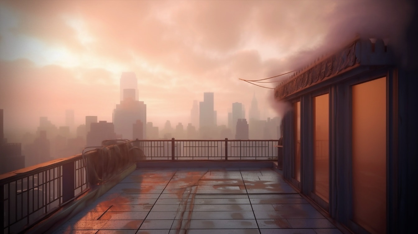 Çatı terasından koyu dumanlı bulutlar şehir manzarası panoraması
