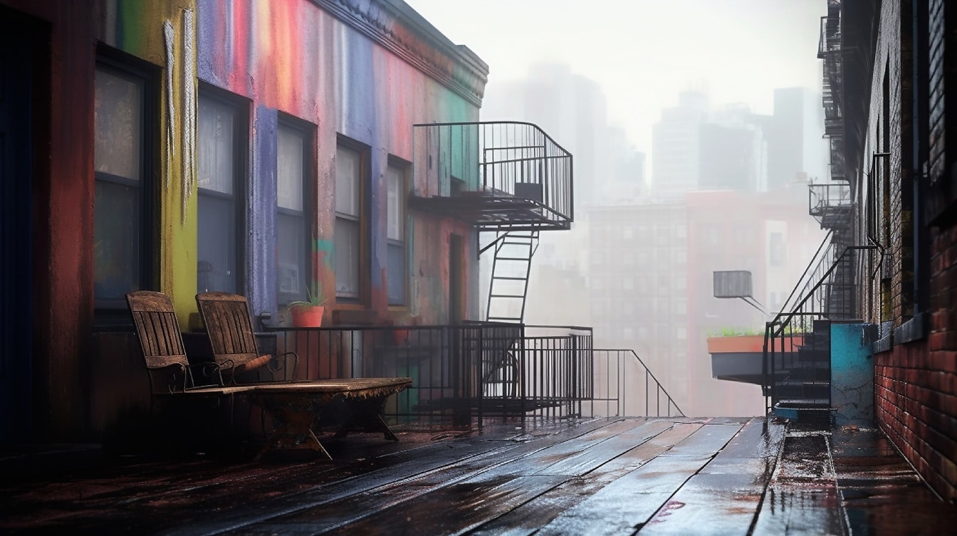 Nasse Dachpromenade und farbenfrohe Wandkunst mit künstlicher Intelligenz