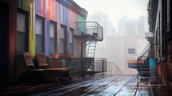Wet rooftop boardwalk and colorful wall artificial intelligence art