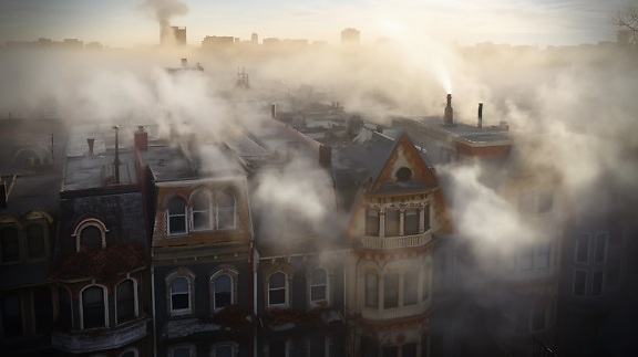 tåge, morgen, bygninger, gammel stil, traditionelle, antenne, panorama, bybilledet