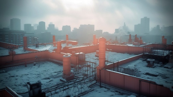Snowy building rooftop open up to a misty sky