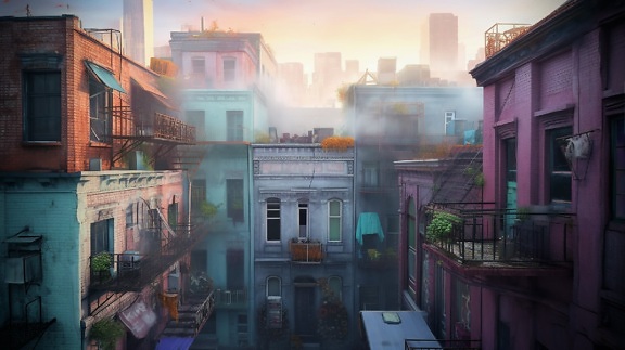 stary, fantazja, budynki, balkonem, mgła, efekty wizualne, ilustracja, Fotomontaż