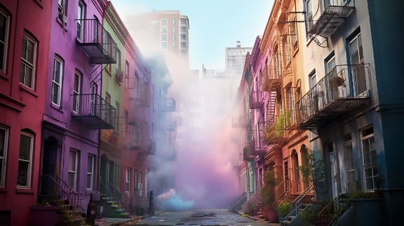 Colorful buildings with smoke on street