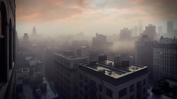 City roofs come alive with the sunrise in smog