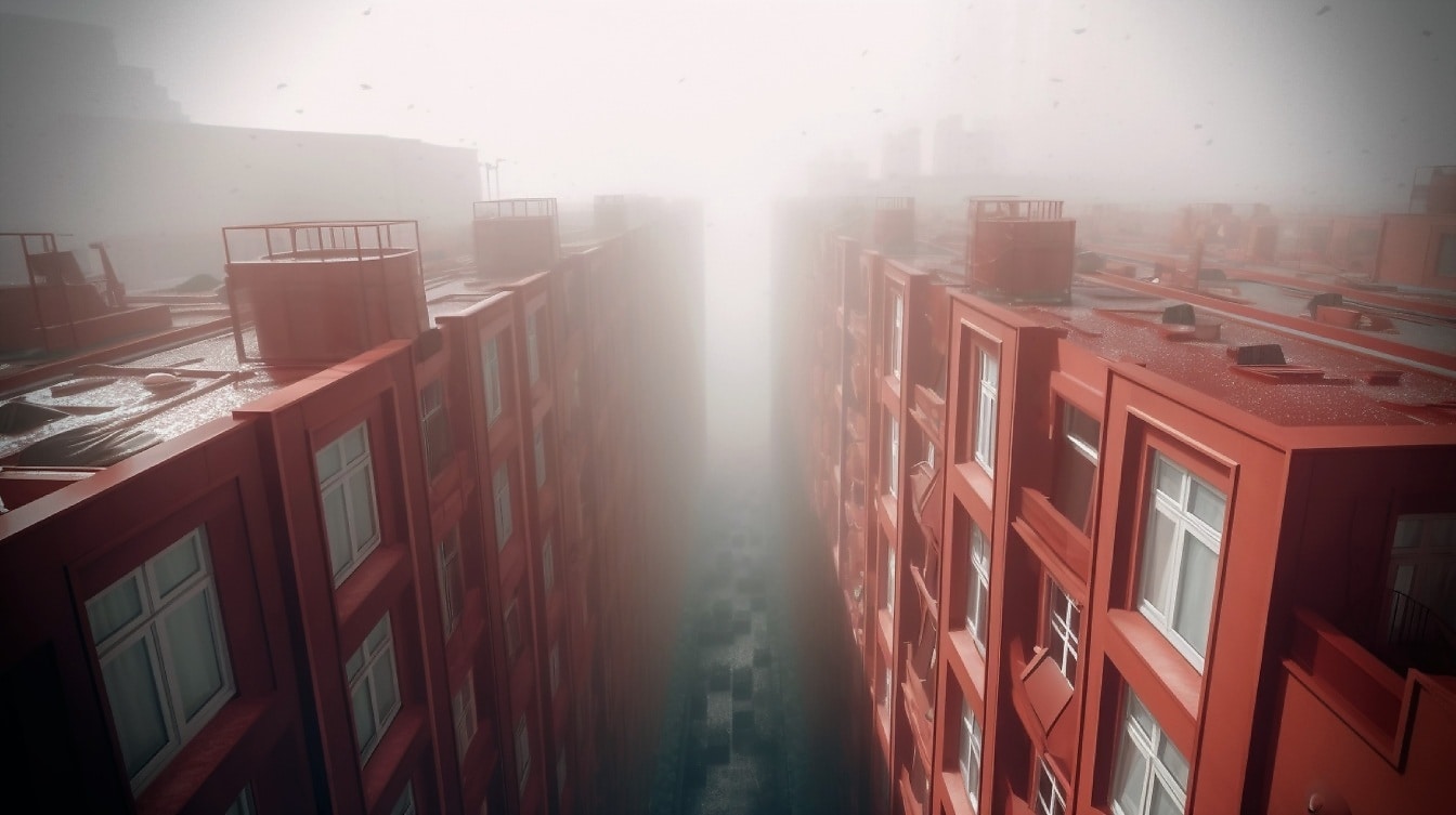 Bầu trời mờ sương và mái đỏ sẫm của các tòa nhà hài hòa