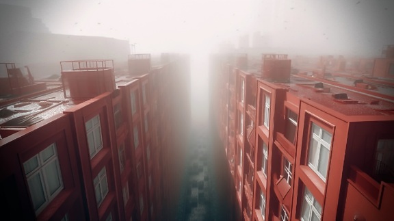smog, nebbia, tetti, rosso scuro, edifici, armonia, illustrazione, architettura