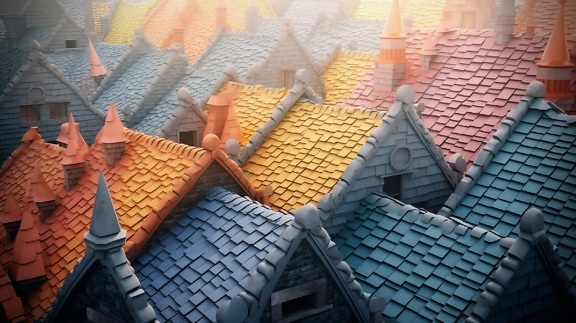 colorido, telhado, telhas, moda antiga, cidade, arquitetura, telha, cobrindo