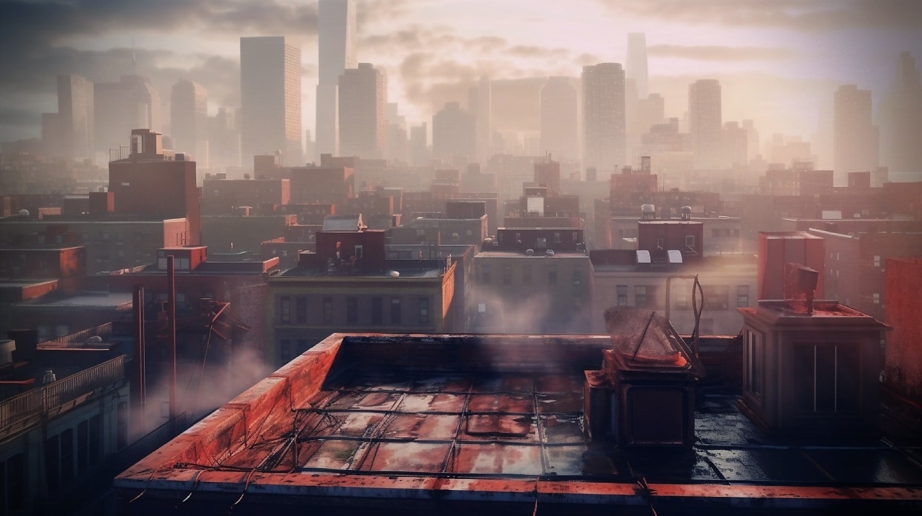Ködös városkép panoráma tetőtéri fotómontázsból