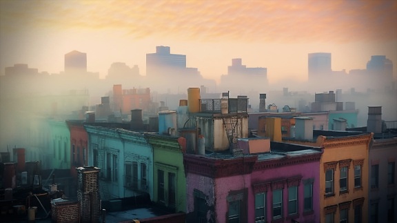 Colorful rooftops stand out against the misty smog skyline