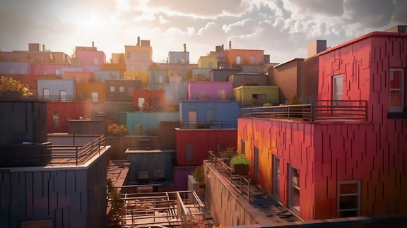 πολύχρωμο, σπίτια, φωτομοντάζ, εικονογράφηση, στέγες, στον τελευταίο όροφο, στέγη, χρωματισμό