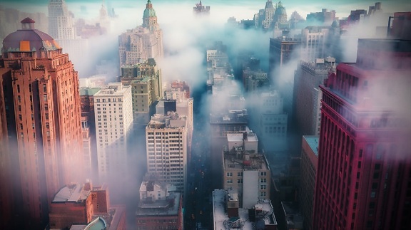 Nebel, auf dem Dach, bunte, Wolkenkratzer, Harmonie, Innenstadt, Gebäude, Stadtbild