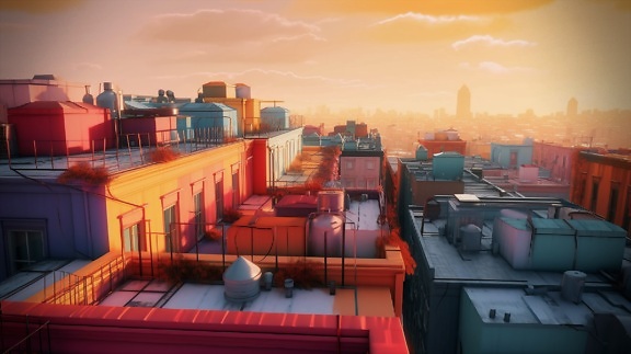міський, на даху, забарвлення, Схід сонця, фотомонтаж, ілюстрація, архітектура, будівля