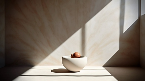 White marble bowl with apples on sunlight by window