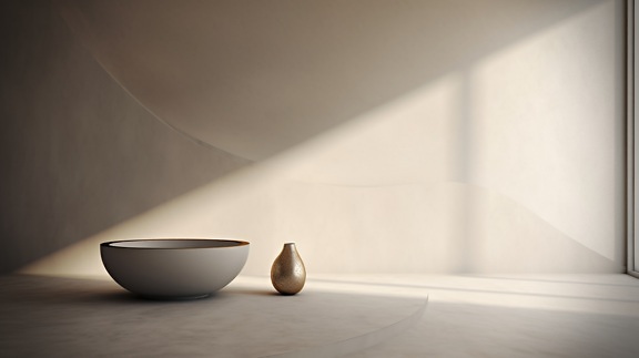 Ceramic white bowl and bronze vase minimalistic still life