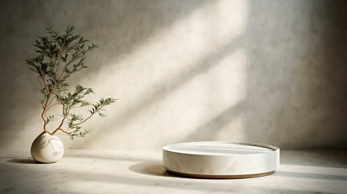 Zen minimalizmus interion dekoráció egyszerű tökéletesség – kerek fehér márványtál