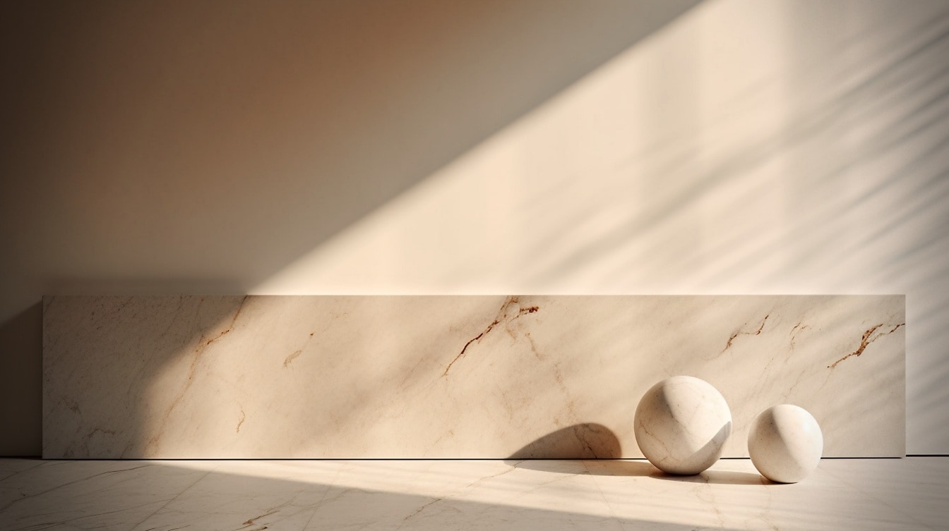 Two marble ball-shaped white sculptures near beige wall in shadow