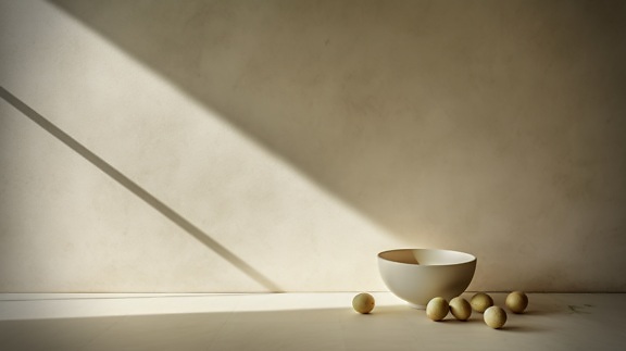 Weiße Keramikschale und Olive im Schatten mit Licht