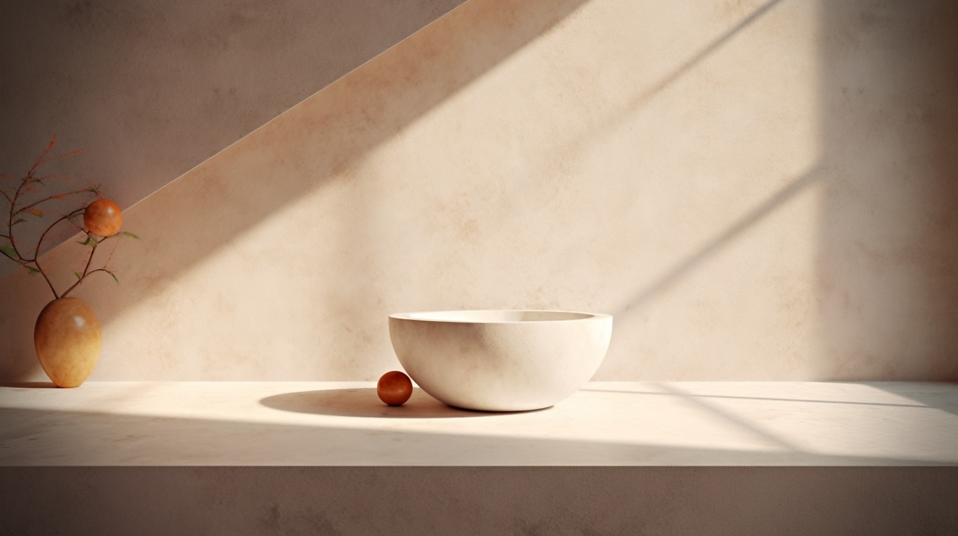 Mangkuk keramik putih dan vas coklat kekuningan pada desain interior meja marmer