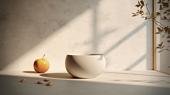 Apfel und Kerne in der Nähe einer weißen Keramikschale, die im Sonnenlicht badet