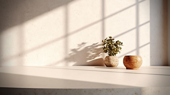 Yellowish brown marble flowerpot with herb on sunlight
