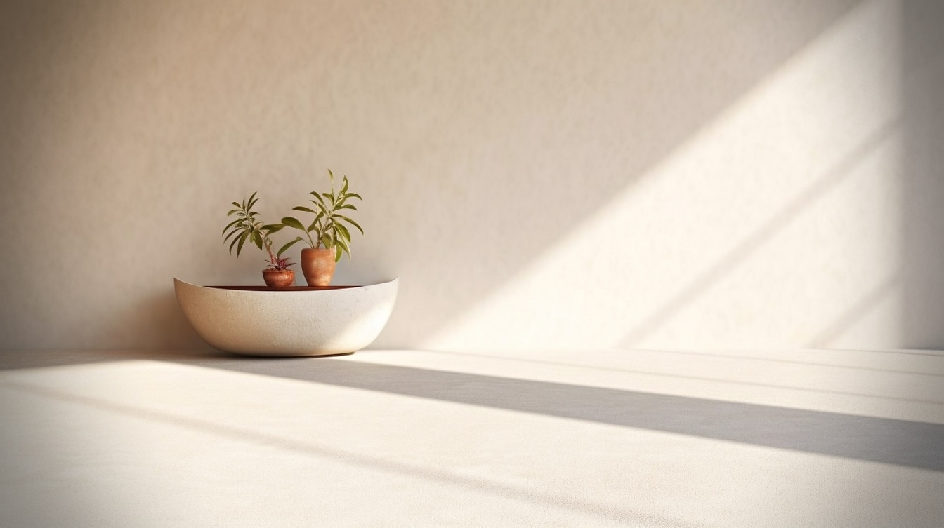 Vaso da fiori in ceramica beige con erbe aromatiche e ombre di luce solare