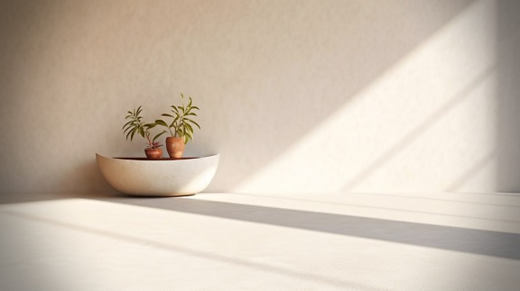 Ceramic beige flowerpot with herbs and sunlight shadows