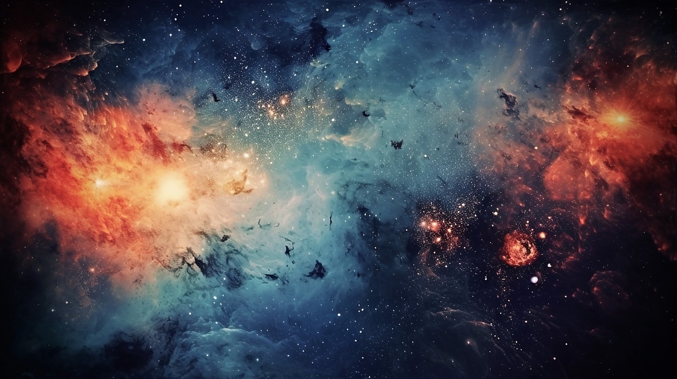 Alam semesta biru tua dengan nebula dan banyak bintang