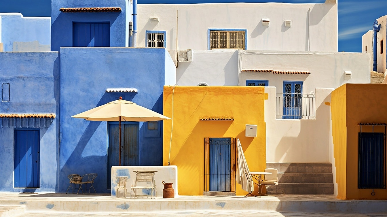 Paredes amarillentas y azul oscuro de las casas en Marruecos