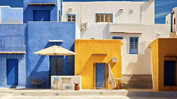 Yellowish and dark blue walls of houses in Morocco
