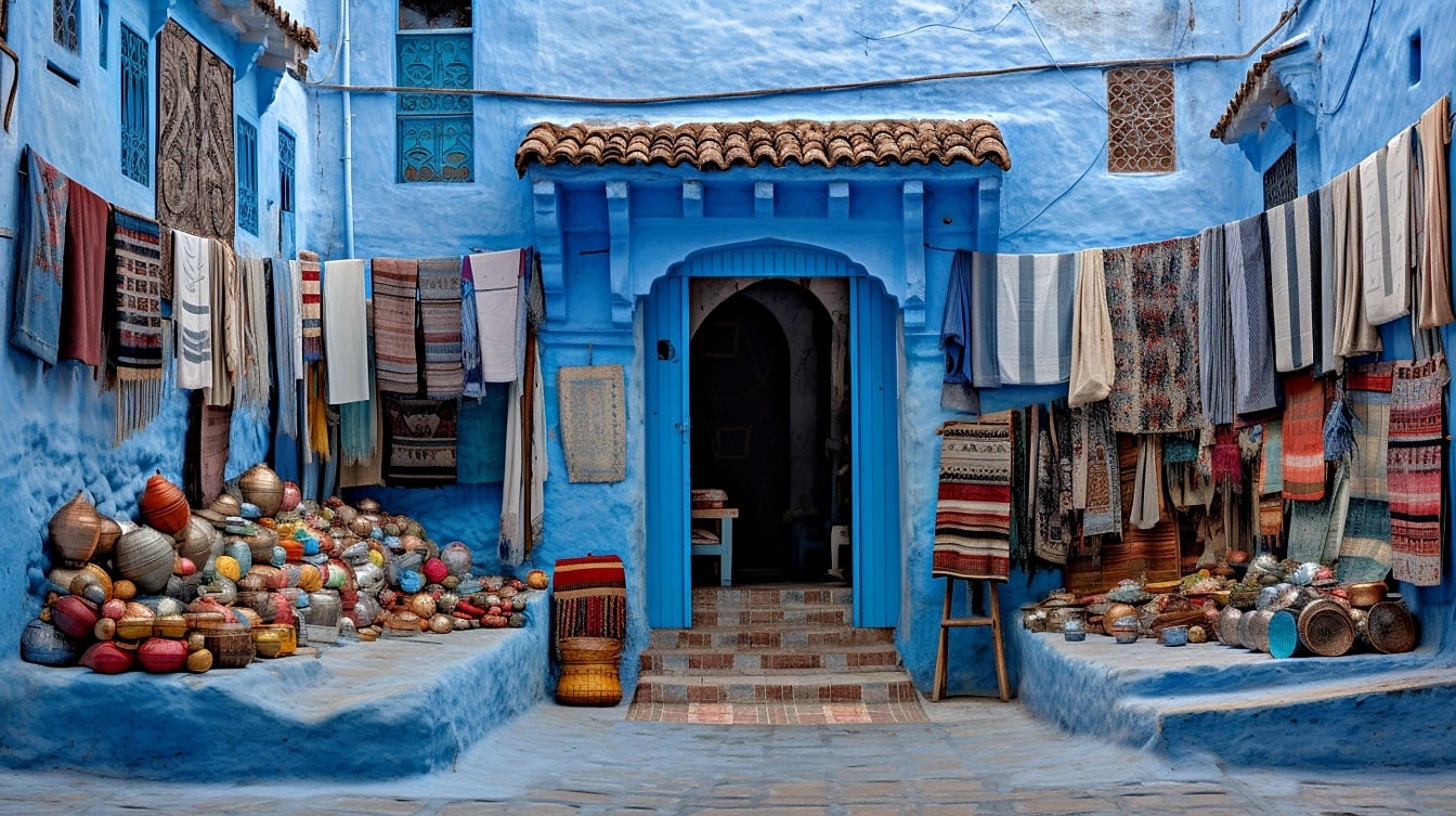 Inngang til tradisjonelt Marokko-hus med mørkeblå vegger og forskjellige husholdningsartikler