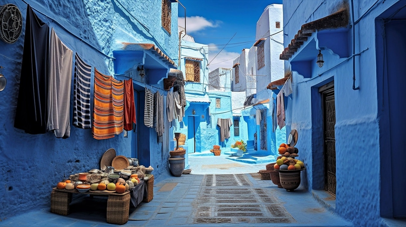 Régi történelmi kék városi házak Marokkóban