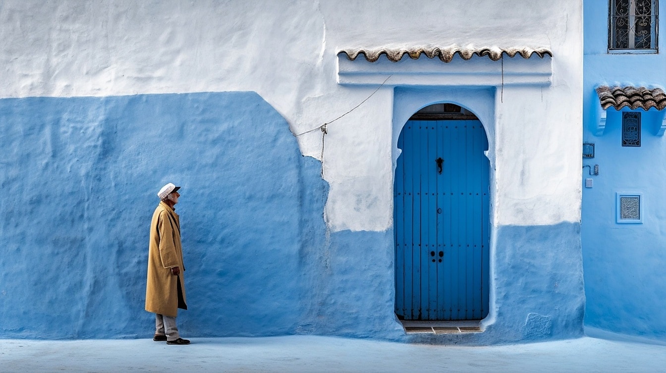 Oude mens die zich de traditionele blauwe straat van Marokko bevinden