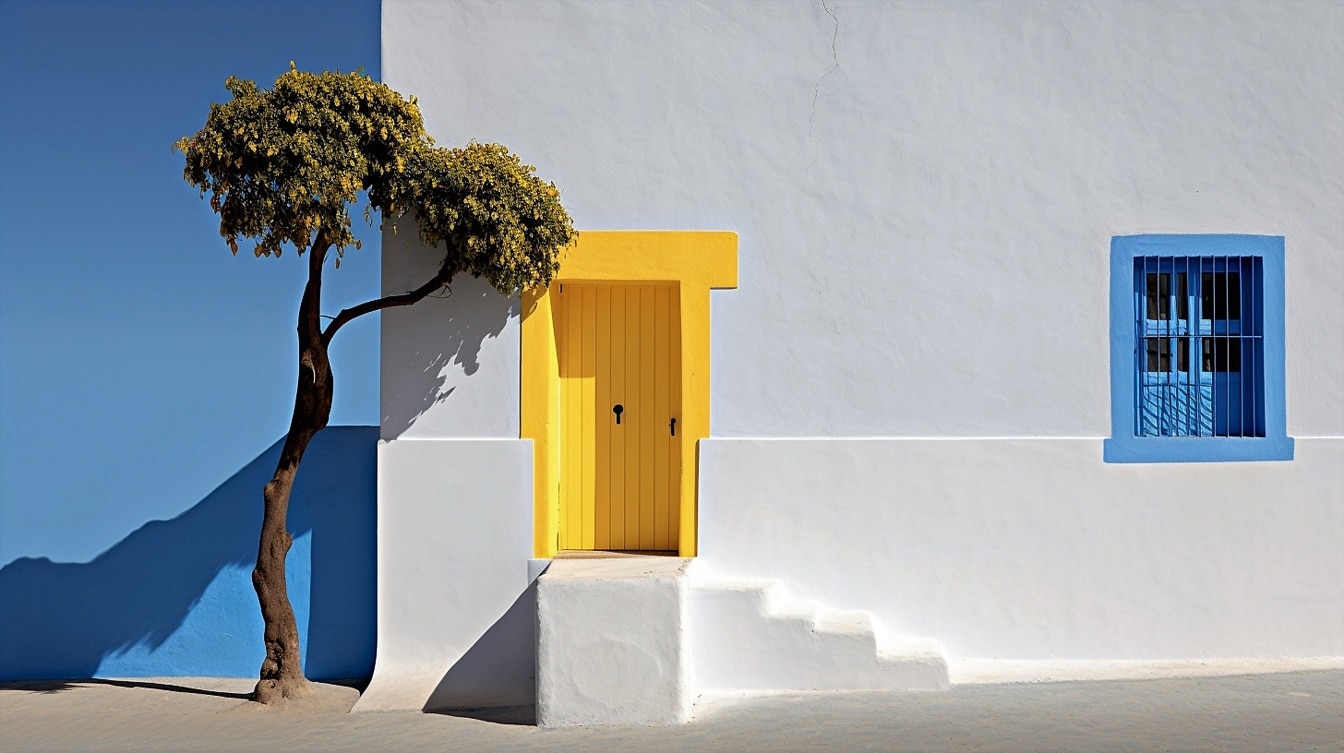 Ușă tradițională marocană galbenă pe fațadă albă de perete