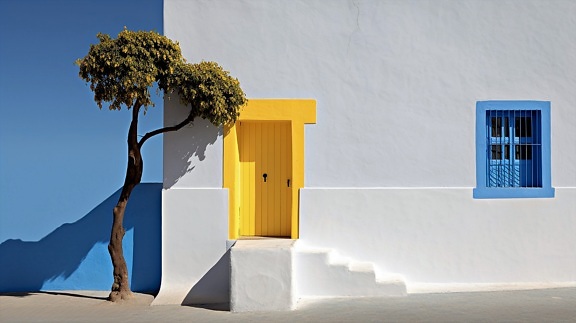 Traditional Morocco yellow door on white wall facade