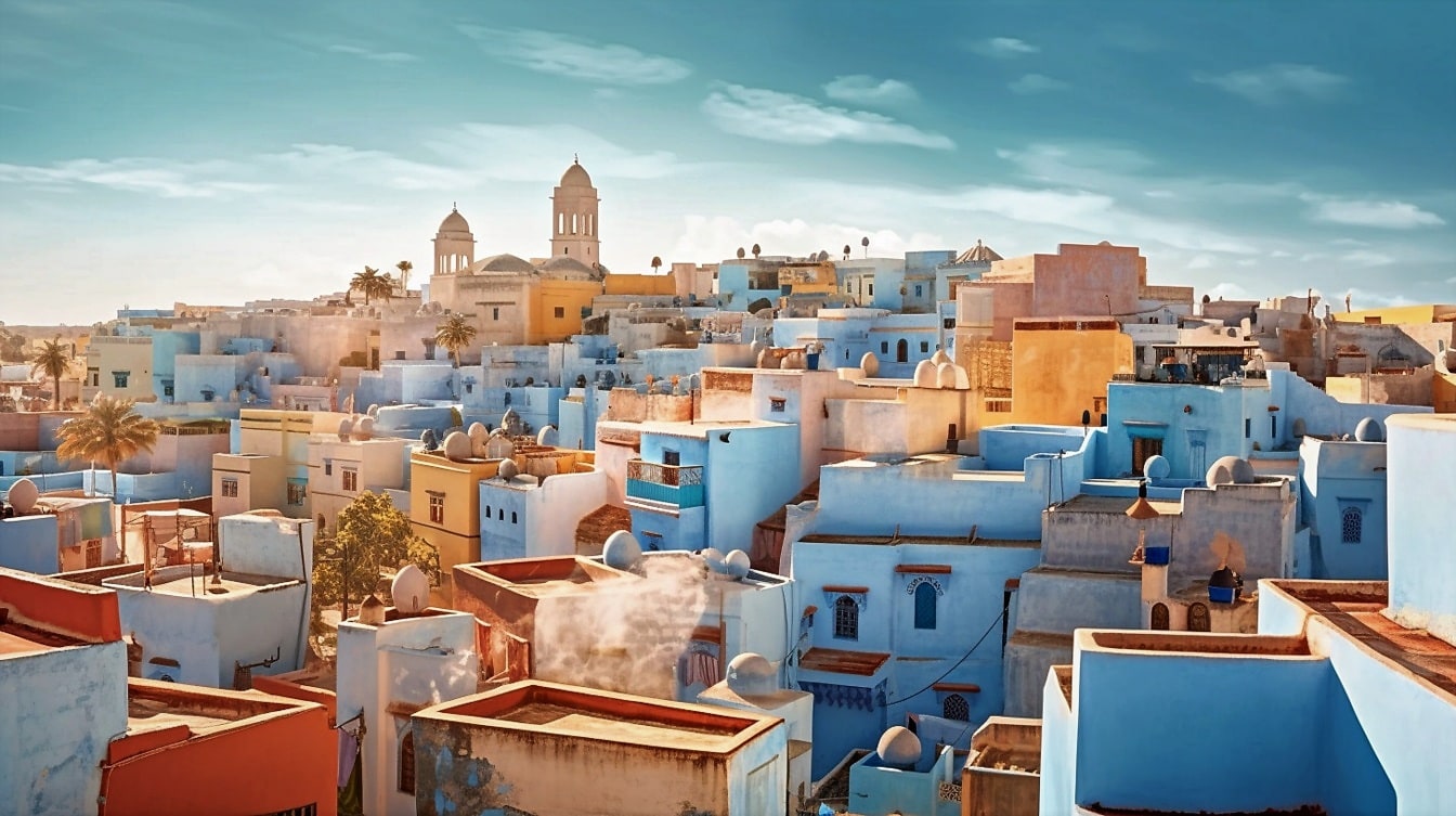 Прекрасний панорамний міський пейзаж старого традиційного міста Марокко в гарну погоду