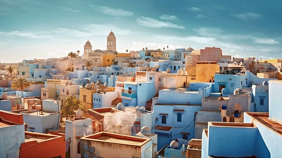 Beautiful panoramic cityscape of old traditional city in Morocco on fair weather