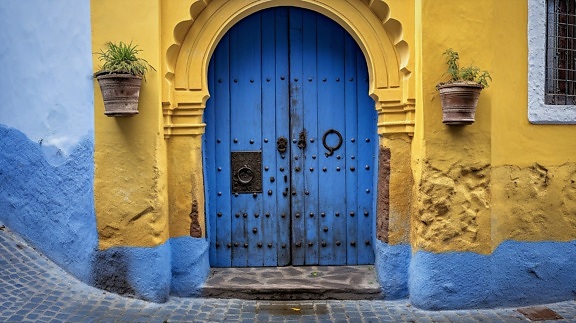 tradicional, azul escuro, porta, Marrocos, cultura, tesouro, peitoril, velho