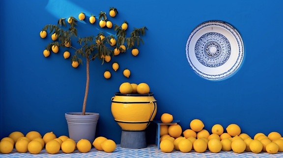 Kleiner Zitronenfruchtbaum und viele Zitronen auf blauen Kacheln