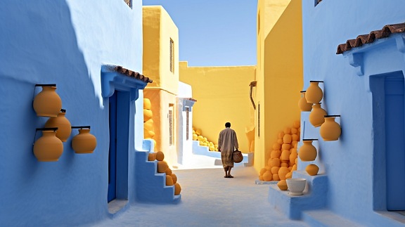 Marokko, katu, keramiikka, myymälä, kävely, henkilö, sininen, värit