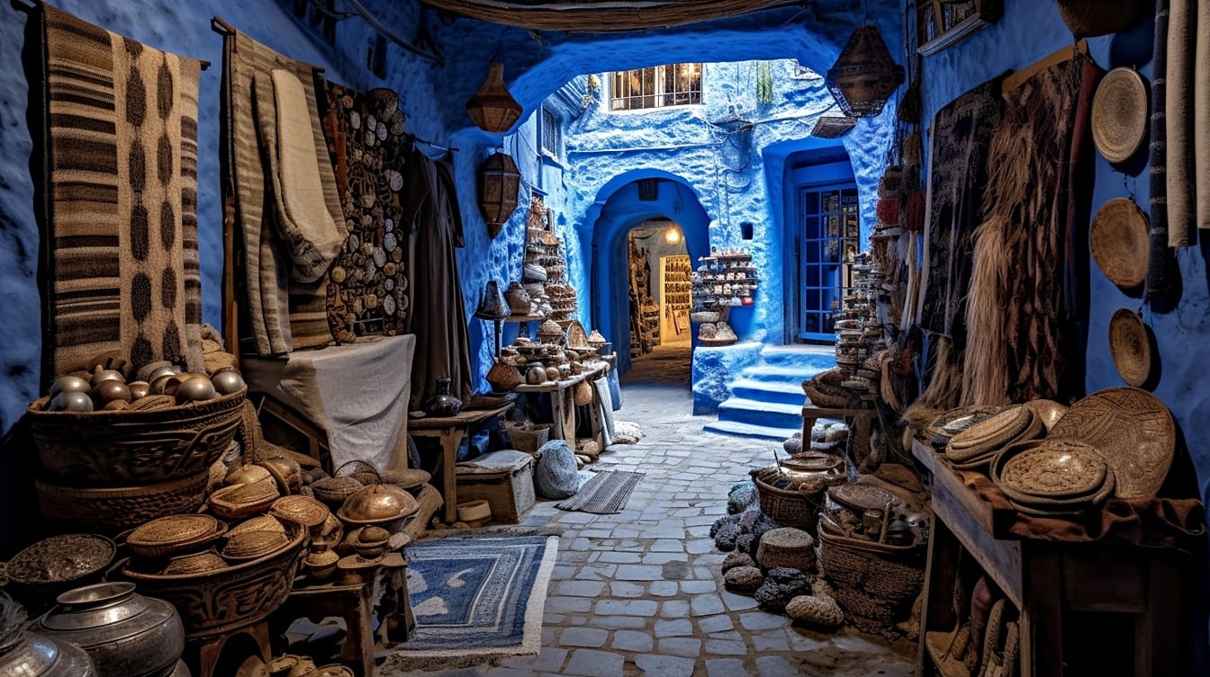 Traditional interior decoration of variety merchandise shop in Morocco