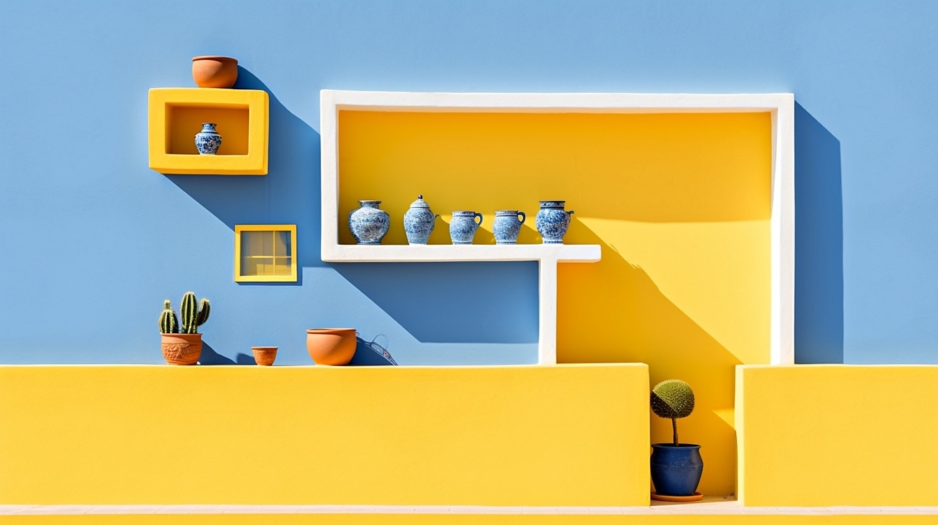 모로코 전통 색상, 파란색과 노란색 벽, 도자기 물건