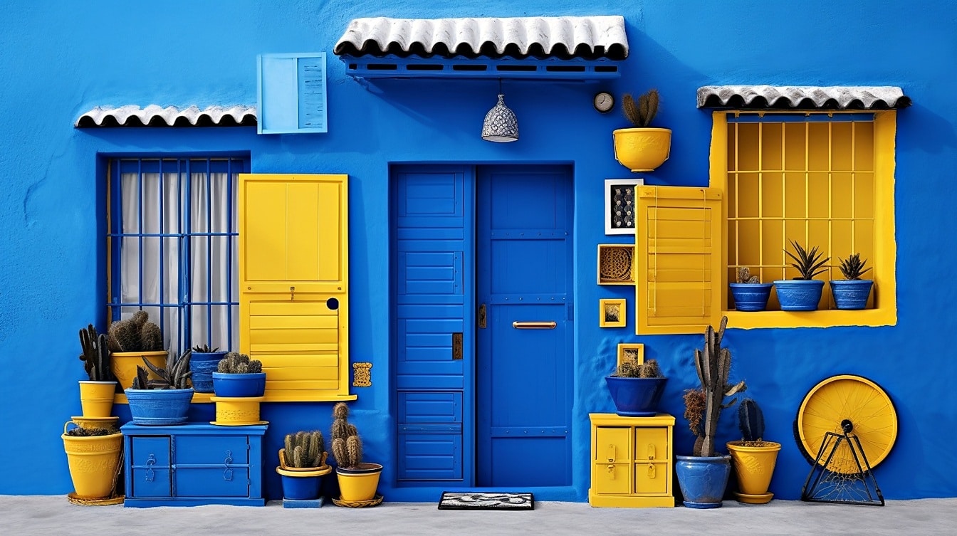 Ruas pitorescas de Marrocos: porta azul escura tradicional e parede com janela amarela