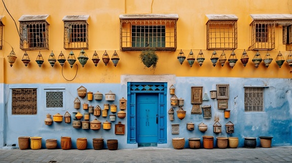 plava, žuta, tradicionalno, boje, arhitektonski stil, fasada, kuća, Maroko