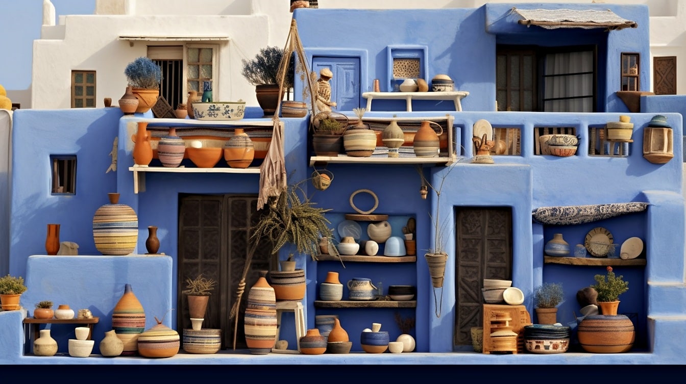 Ilustrasi toko tembikar rumah Maroko gaya lama