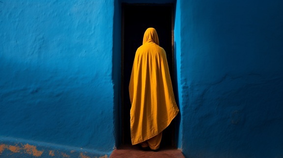 Homem marroquino de capa amarela caminhando pela porta