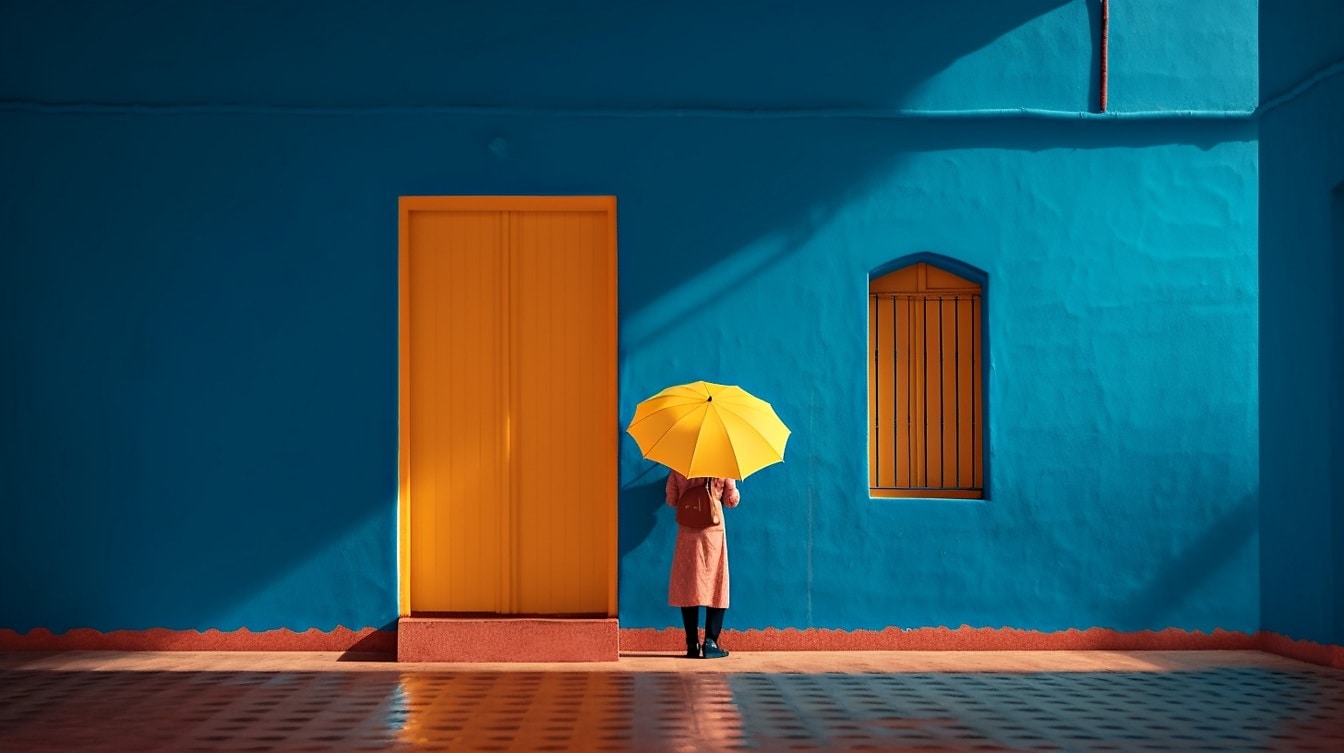 Nő sárga esernyővel sötétkék falon hagyományos marokkói építészeti stílusban