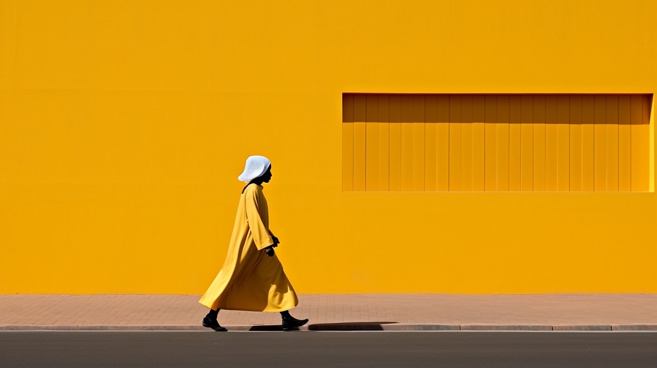 モロッコの美しく装飾された壁のそばを歩く黄色の人–3Dオブジェクト