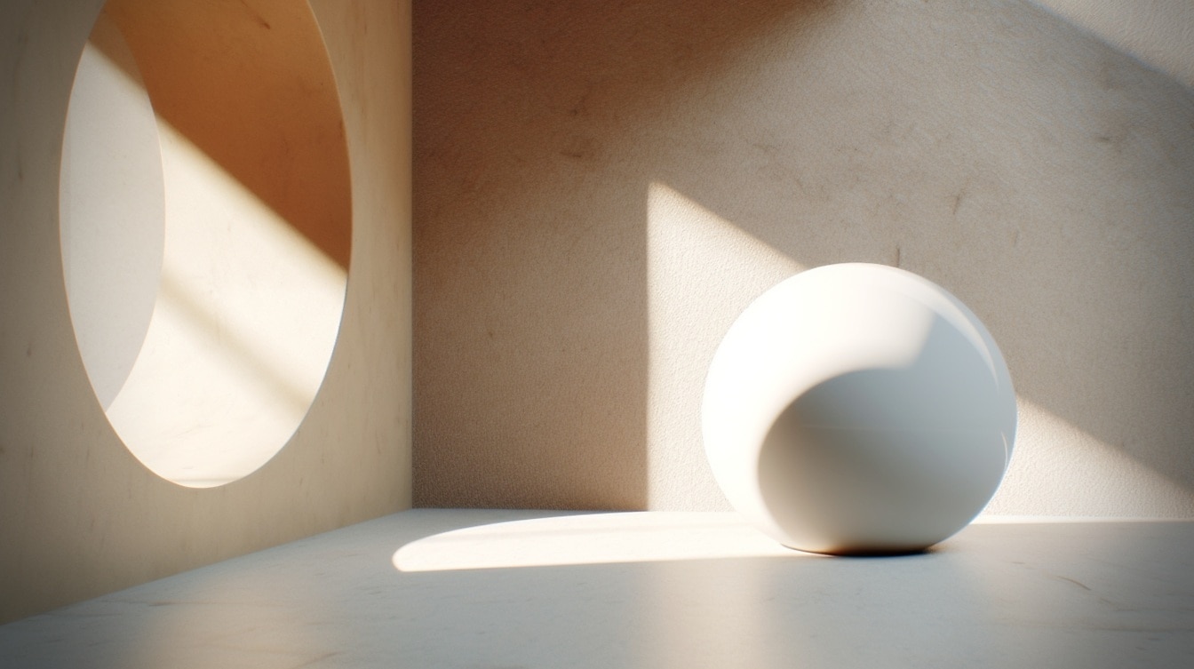 Runde Marmorkugel im leeren Raum mit kreisförmigem Fenster