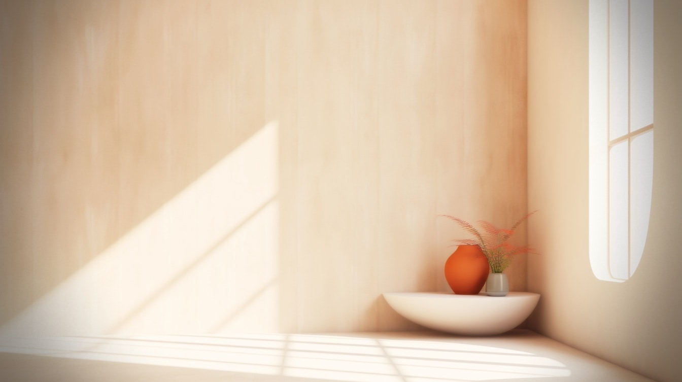 Oranssinkeltainen keraaminen maljakko tyhjän huoneen kuvan nurkassa